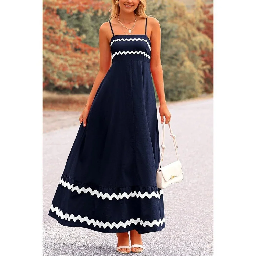 Women's Dark Blue Casual Sleeveless Spaghetti Strap Ruffle Beach Maxi Dress